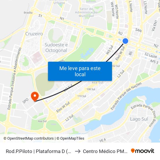 Rod.P.Piloto | Plataforma D (SEMIURBANO) to Centro Médico PMDF - CMED map
