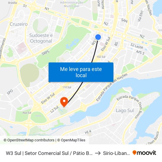 W3 Sul | Setor Comercial Sul (Pátio Brasil) to Sírio-Libanês map