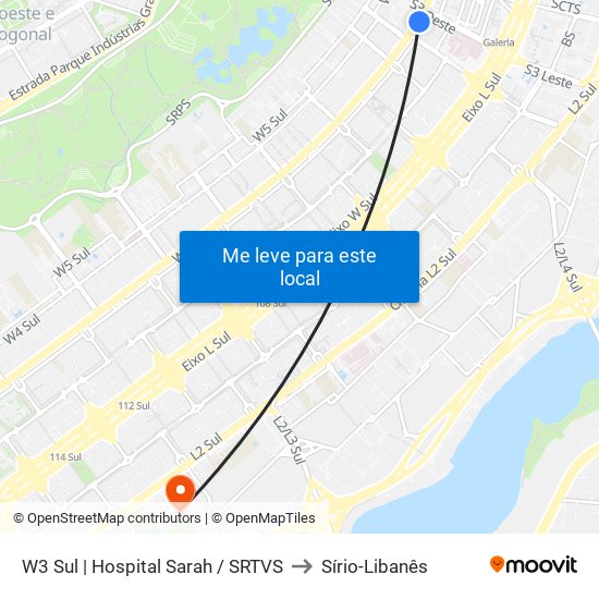 W3 Sul | Hospital Sarah / SRTVS to Sírio-Libanês map