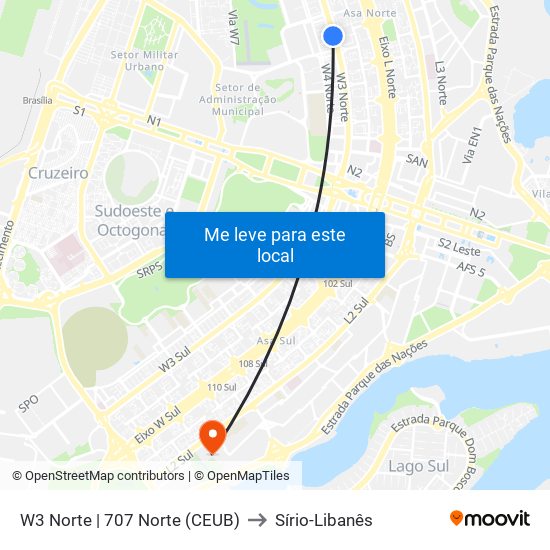 W3 Norte | 707 Norte (CEUB) to Sírio-Libanês map