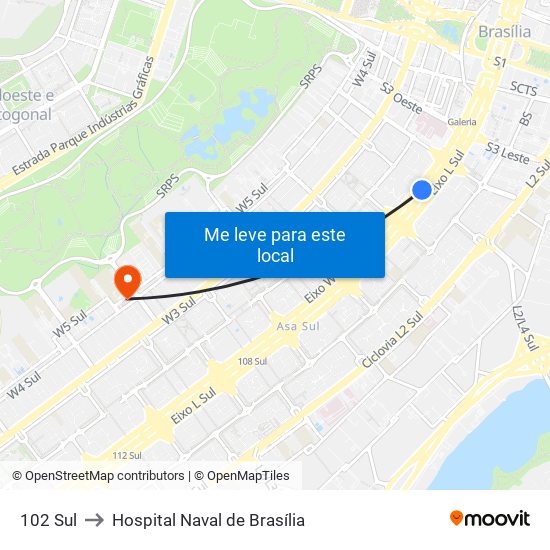 102 Sul to Hospital Naval de Brasília map