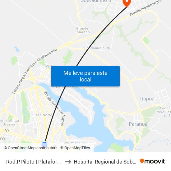 Rod.P.Piloto | Plataforma D (Box 16) to Hospital Regional de Sobradinho (HRSo) map