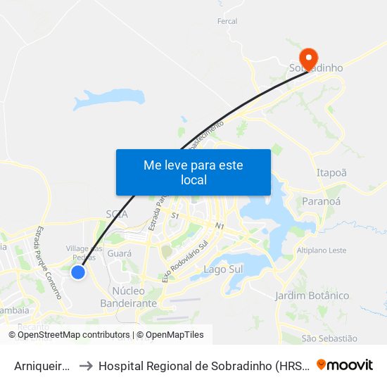 Arniqueiras to Hospital Regional de Sobradinho (HRSo) map