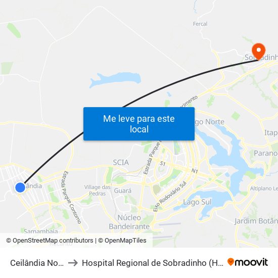Ceilândia Norte to Hospital Regional de Sobradinho (HRSo) map