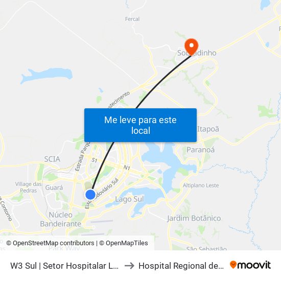 W3 Sul | Setor Hospitalar Local Sul (Pão De Açúcar) to Hospital Regional de Sobradinho (HRSo) map