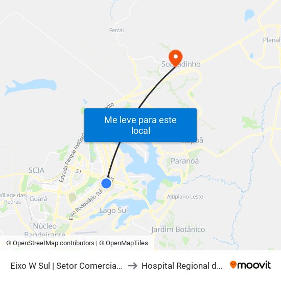 Eixo W Sul | Setor Comercial Sul (Galeria Dos Estados) to Hospital Regional de Sobradinho (HRSo) map