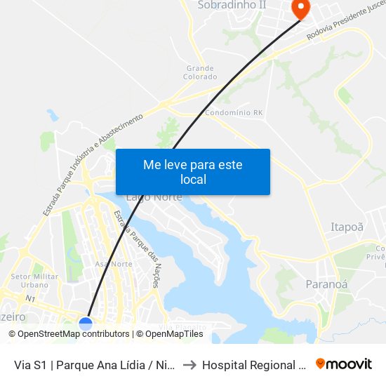 Via S1 | Parque Ana Lídia / Nicolandia / Eixo Ibero-Americano to Hospital Regional de Sobradinho (HRSo) map