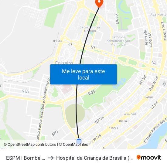 ESPM | Bombeiros to Hospital da Criança de Brasília (HCB) map