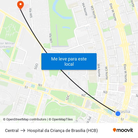 Central to Hospital da Criança de Brasília (HCB) map