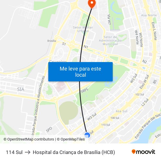 114 Sul to Hospital da Criança de Brasília (HCB) map