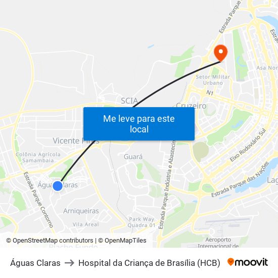 Águas Claras to Hospital da Criança de Brasília (HCB) map