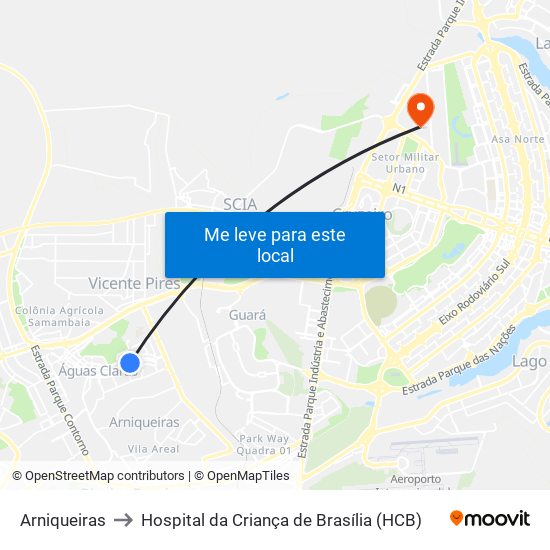 Arniqueiras to Hospital da Criança de Brasília (HCB) map