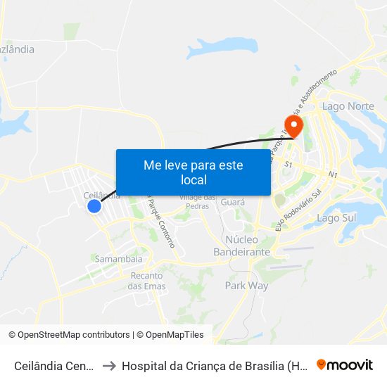 Ceilândia Centro to Hospital da Criança de Brasília (HCB) map