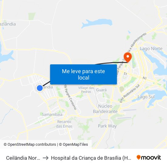 Ceilândia Norte to Hospital da Criança de Brasília (HCB) map