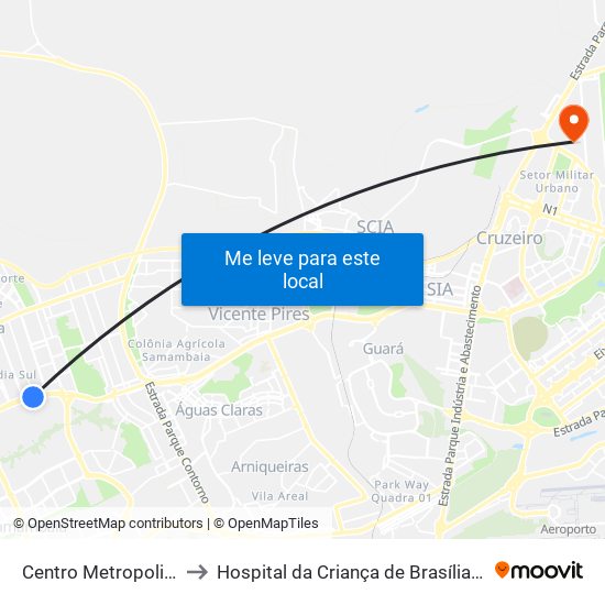Centro Metropolitano to Hospital da Criança de Brasília (HCB) map