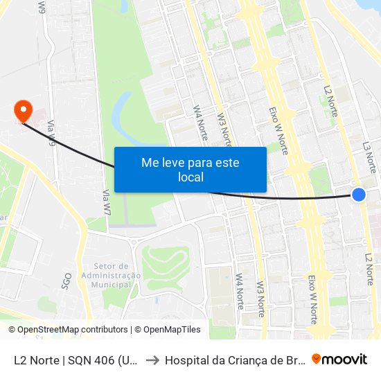 L2 Norte | Sqn 406 (Unb / Odonto Hub) to Hospital da Criança de Brasília (HCB) map