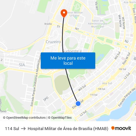 114 Sul to Hospital Militar de Área de Brasília (HMAB) map