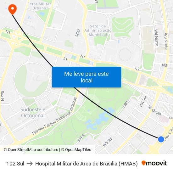 102 Sul to Hospital Militar de Área de Brasília (HMAB) map