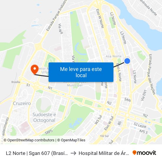 L2 Norte | Sgan 607 (Brasília Medical Center / Cean) to Hospital Militar de Área de Brasília (HMAB) map