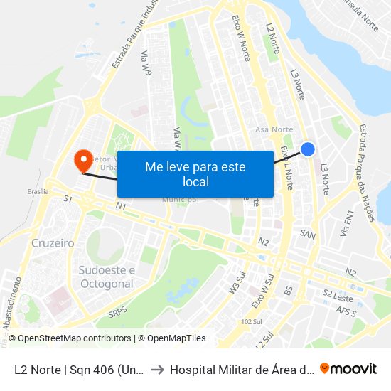 L2 Norte | Sqn 406 (Unb / Odonto Hub) to Hospital Militar de Área de Brasília (HMAB) map