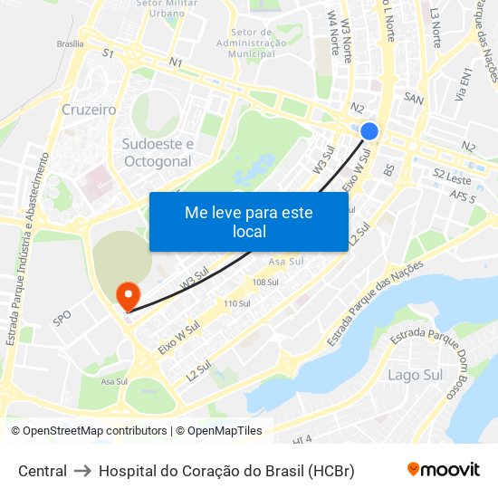 Central to Hospital do Coração do Brasil (HCBr) map