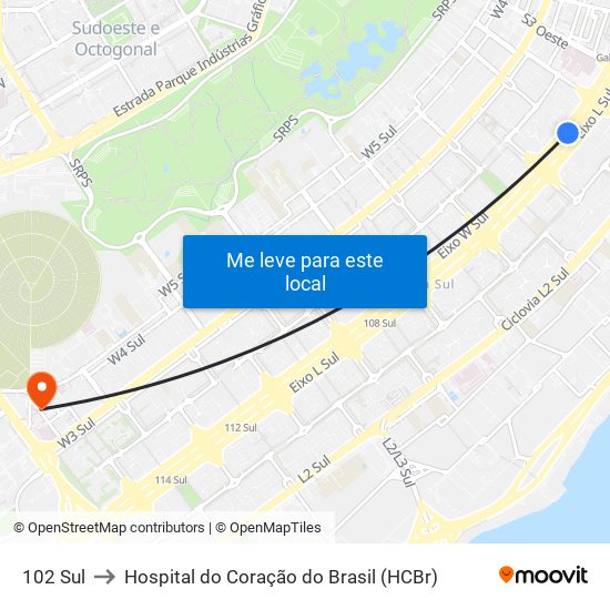 102 Sul to Hospital do Coração do Brasil (HCBr) map