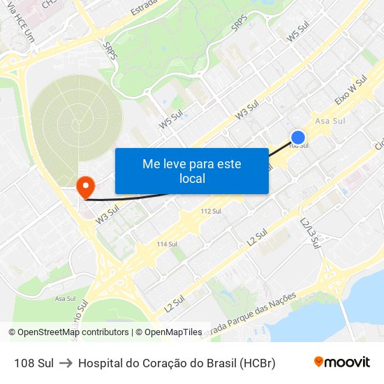 108 Sul to Hospital do Coração do Brasil (HCBr) map