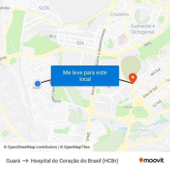 Guará to Hospital do Coração do Brasil (HCBr) map
