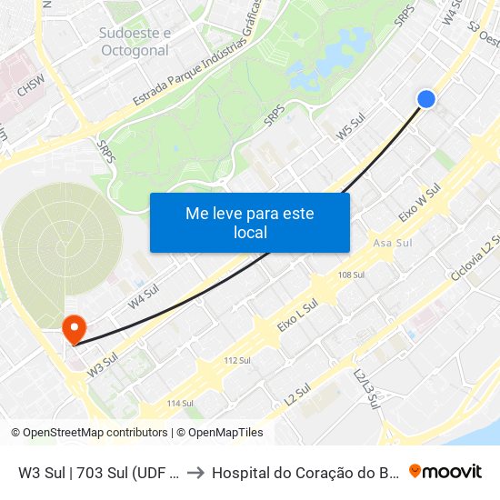 W3 Sul | 703 Sul (Udf / Big Box) to Hospital do Coração do Brasil (HCBr) map
