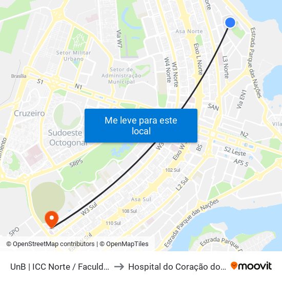 Unb | Icc Norte / Faculdade De Direito to Hospital do Coração do Brasil (HCBr) map