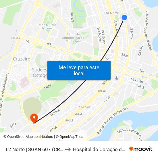 L2 Norte | Sgan 607 (Brasília Medical Center / Cean) to Hospital do Coração do Brasil (HCBr) map