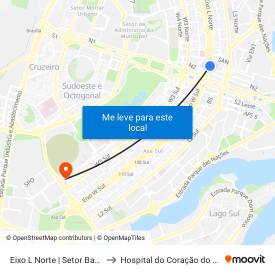 Eixo L Norte | Setor Bancário Norte to Hospital do Coração do Brasil (HCBr) map
