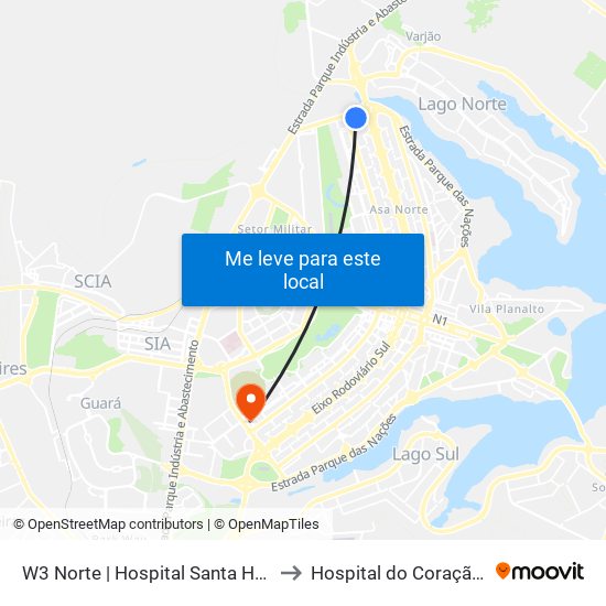 W3 Norte | Hospital Santa Helena / Santa Lúcia Norte to Hospital do Coração do Brasil (HCBr) map
