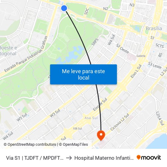 Via S1 | TJDFT / MPDFT / Palácio do Buriti to Hospital Materno Infantil de Brasília (HMIB) map