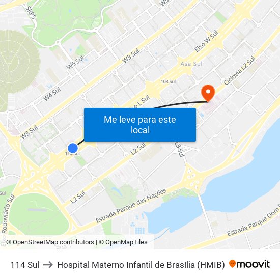 114 Sul to Hospital Materno Infantil de Brasília (HMIB) map