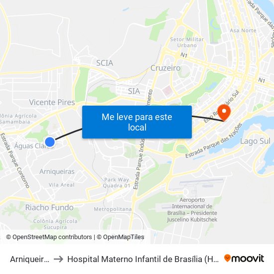 Arniqueiras to Hospital Materno Infantil de Brasília (HMIB) map