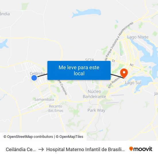 Ceilândia Centro to Hospital Materno Infantil de Brasília (HMIB) map