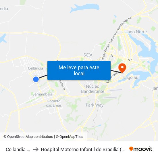 Ceilândia Sul to Hospital Materno Infantil de Brasília (HMIB) map