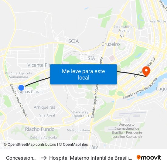 Concessionárias to Hospital Materno Infantil de Brasília (HMIB) map