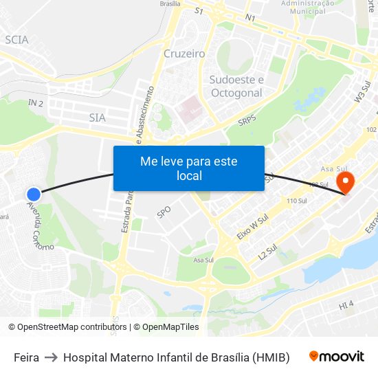 Feira to Hospital Materno Infantil de Brasília (HMIB) map