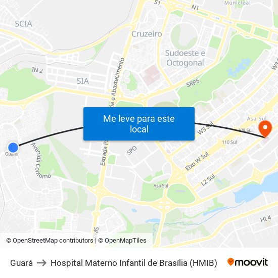 Guará to Hospital Materno Infantil de Brasília (HMIB) map