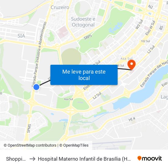 Shopping to Hospital Materno Infantil de Brasília (HMIB) map