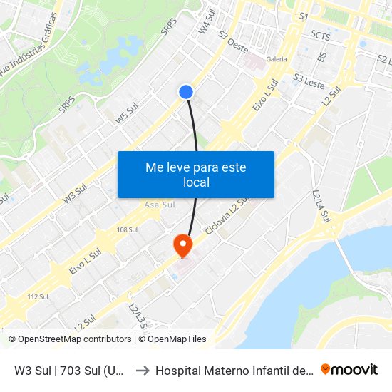 W3 Sul | 703 Sul (UDF / Big Box) to Hospital Materno Infantil de Brasília (HMIB) map