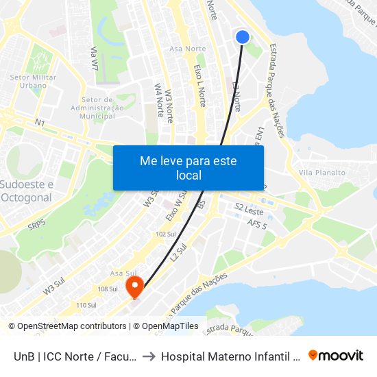 Unb | Icc Norte / Faculdade De Direito to Hospital Materno Infantil de Brasília (HMIB) map