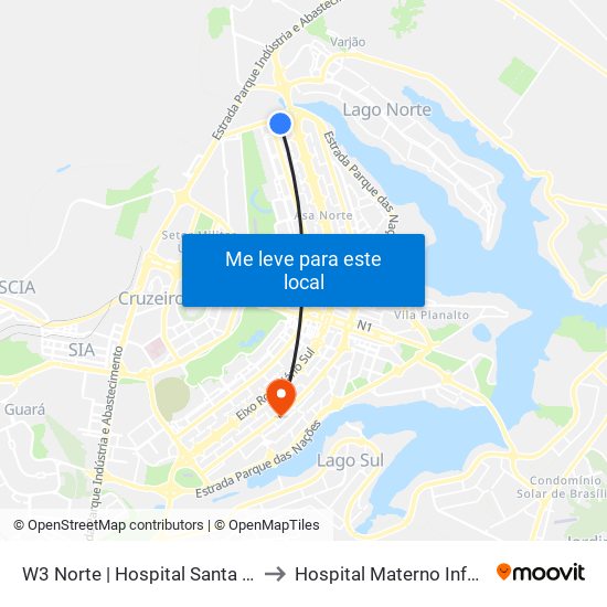 W3 Norte | Hospital Santa Helena / Santa Lúcia Norte to Hospital Materno Infantil de Brasília (HMIB) map