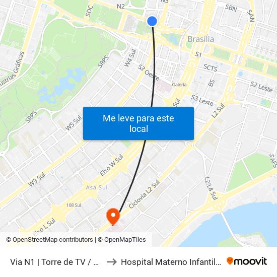 Via N1 | Torre De Tv / Shn / Mcdonald's to Hospital Materno Infantil de Brasília (HMIB) map