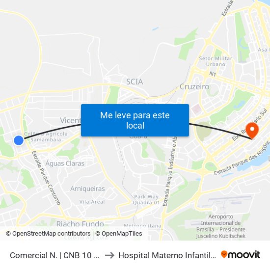 Comercial N. | CNB 10 (Banco Mercantil) to Hospital Materno Infantil de Brasília (HMIB) map