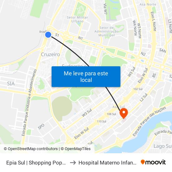Epia Sul | Shopping Popular / Rodoferroviaria to Hospital Materno Infantil de Brasília (HMIB) map