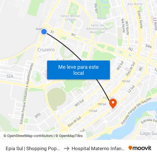 EPIA | Shopping Popular / Rodoferroviaria to Hospital Materno Infantil de Brasília (HMIB) map