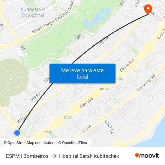 ESPM | Bombeiros to Hospital Sarah Kubitschek map